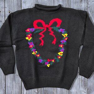 Vintage 80s Eaton Christmas Wreath Sweater Womens Size 1X Black Red Bow Pullover